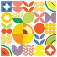 poster di opere d'arte geometriche con taglio di frutta fresca estiva con forme semplici colorate. disegno del modello vettoriale astratto piatto in stile scandinavo. illustrazione minimalista di un'albicocca su sfondo bianco.
