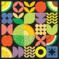 poster di opere d'arte geometriche di frutta fresca estiva con forme semplici colorate. disegno del modello vettoriale astratto piatto in stile scandinavo. illustrazione minimalista di un melone cantalupo su sfondo nero.