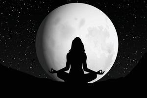 ragazza carina yoga con silhouette di luna vettore