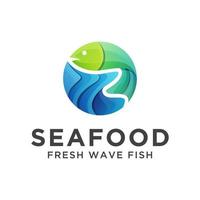 logo del negozio di frutti di mare, pesce con onda nel concetto di logo del mare, modello vettoriale