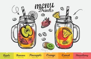 menu succhi di frutta, frullato. design del modello, stile disegnato a mano. vettore