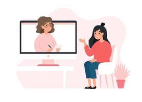 psicoterapia online - donna che parla con lo psicologo sullo schermo. concetto di salute mentale, illustrazione vettoriale in stile piatto