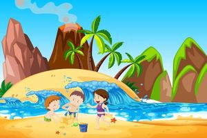 bambini che costruiscono un castello di sabbia sulla spiaggia vettore
