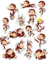 set di adesivi di divertenti personaggi dei cartoni animati di scimmie vettore