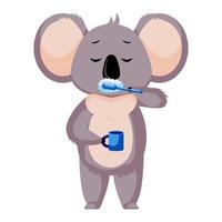 carino koala lavaggio mattina isolato su sfondo bianco. denti della spazzola del personaggio dei cartoni animati. vettore