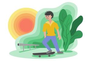 illustrazione di un uomo che gioca a skateboard nel parco al sole vettore