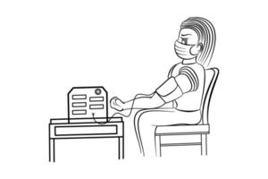 illustrazione al tratto di un uomo che indossa una maschera per misurare la pressione sanguigna