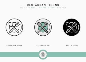 le icone del ristorante impostano l'illustrazione vettoriale con lo stile della linea dell'icona solido. concetto di piatto di cibo caffetteria. icona del tratto modificabile su sfondo isolato per il web design, l'infografica e l'app mobile dell'interfaccia utente.