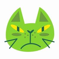 illustrazione vettoriale disegnata a mano di una faccia di gatto. testa di gatto verde isolata su sfondo bianco. gatto cupo, animale domestico arrabbiato. stile piatto, icona vettoriale