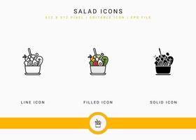 Le icone dell'insalata hanno messo l'illustrazione di vettore con lo stile della linea dell'icona solido. concetto di ingredienti vegani sani. icona del tratto modificabile su sfondo bianco isolato per il web design, l'interfaccia utente e l'app mobile