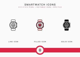 le icone dello smartwatch impostano l'illustrazione vettoriale con lo stile della linea dell'icona solido. concetto di dispositivo intelligente elettronico. icona del tratto modificabile su sfondo isolato per il web design, l'interfaccia utente e l'app mobile