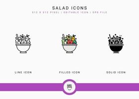 le icone dell'insalata impostano l'illustrazione vettoriale con lo stile della linea dell'icona solido. concetto di ciotola di verdure. icona del tratto modificabile su sfondo bianco isolato per il web design, l'interfaccia utente e l'applicazione mobile