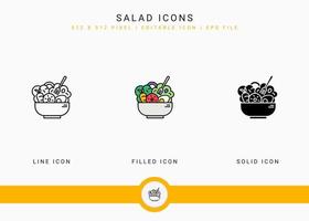 le icone dell'insalata impostano l'illustrazione vettoriale con lo stile della linea dell'icona solido. concetto di nutrizione della ciotola di verdure. icona del tratto modificabile su sfondo bianco isolato per il web design, l'interfaccia utente e l'app mobile