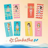 set di personaggi dei cartoni animati che si rilassano e prendono il sole in spiaggia, concetto di vacanza estiva vettore