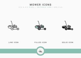 le icone del tosaerba impostano l'illustrazione vettoriale con lo stile della linea dell'icona solido. concetto di agricoltura di giardinaggio delle piante. icona del tratto modificabile su sfondo isolato per il web design, l'interfaccia utente e l'app mobile