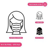 le icone della maschera facciale impostano l'illustrazione vettoriale con lo stile della linea dell'icona solido. concetto di maschera per il viso donna. icona del tratto modificabile su sfondo isolato per il web design, l'infografica e l'app mobile dell'interfaccia utente.