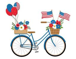 bici blu patriottica con bandiere americane, fiori rossi, bianchi, blu e palloncini illustrazione, isolata su sfondo bianco. Biglietto di auguri di design a tema 4 luglio. vettore