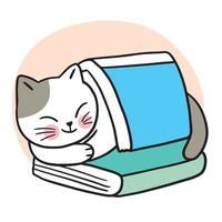 gatto sveglio del fumetto che dorme nel vettore dei libri.