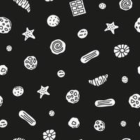 modello senza cuciture in bianco e nero con biscotti, cialde e caramelle di doodle. vettore