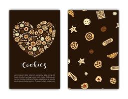 modelli di carte con doodle cookie, waffle e caramelle. maschera di ritaglio usata. vettore