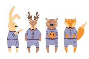 squadra di basket di animali della foresta. giocatori di basket lepre, volpe, orso, cervo. basket per bambini. illustrazione disegnata a mano in stile scandinavo. illustrazione vettoriale. vettore