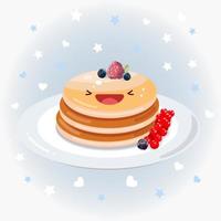 illustrazione dell'icona di vettore di frittelle sveglie. logo del fumetto adesivo frittelle. concetto di icona di cibo. stile cartone animato piatto adatto per pagina di destinazione web, banner, adesivo, sfondo. frittelle kawaii con frutti di bosco.