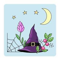 icona mistica carina. collezione di elementi magici colorati del fumetto. icone di astrologia kawaii di cappello da strega, fiore, falce di luna, stelle, web, bacche, rami vettoriali. vettore