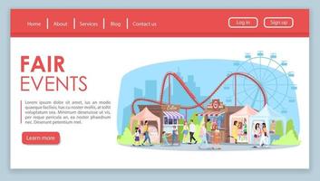 modello vettoriale della pagina di destinazione degli eventi fieristici. luna park della città, interfaccia del sito web del parco divertimenti con illustrazioni piatte. mercato estivo, festival. banner web delle attrazioni della fiera, concetto di cartone animato della pagina web