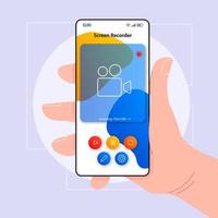 modello vettoriale dell'interfaccia dello smartphone del videoregistratore dello schermo. layout di design minimalista a colori della pagina dell'app mobile. schermo multimediale. interfaccia utente piatta per l'applicazione. mano che tiene il telefono con registrazione video sul display