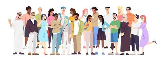 illustrazione vettoriale piatta della diversità demografica. rappresentanti di diverse nazioni in piedi insieme. cooperazione di parole araba, europea, ispanica. società multietnica, comunità globalizzata ..