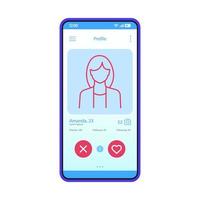 modello vettoriale dell'interfaccia del profilo dell'app di incontri. layout di design blu dell'interfaccia dell'app mobile. applicazione per smartphone per appuntamenti online. interfaccia utente piatta. display del telefono con le informazioni sul profilo della donna