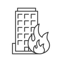 icona lineare dell'edificio in fiamme. illustrazione al tratto sottile. casa in fiamme. simbolo di contorno. disegno di contorno isolato vettoriale