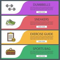 set di modelli di banner web fitness. equipaggiamento sportivo. manubri, scarpe da ginnastica, guida agli esercizi, borsa da viaggio. voci di menu a colori del sito Web. concetti di progettazione di intestazioni vettoriali