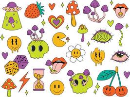 adesivo psichedelico. cartoni animati groovy comici divertenti emoji personaggi. set di illustrazioni vettoriali. vettore