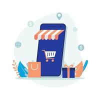 e-commerce, illustrazione vettoriale per lo shopping online. smartphone con icona carrello e shopping bag. design piatto adatto a molti scopi.