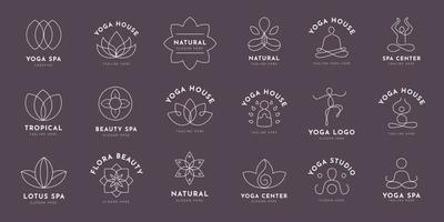 doodle yoga e logo del loto, set di botanici disegnati a mano, set floreale di fiori di campo ed erbe aromatiche, oggetti vettoriali isolati su sfondo bianco. set di fiori vettoriali di disegno a una linea.