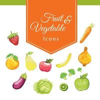 set con frutta e verdura ad acquerello isolate su bianco. cibo biologico naturale. concetto vegano. uno stile di vita sano. vettore