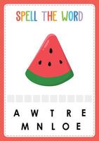 foglio di lavoro di ortografia trova il gioco della lettera mancante per i bambini con la frutta vettore