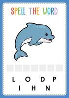 foglio di lavoro di ortografia trova il gioco della lettera mancante per i bambini con la parola pesce di mare vettore