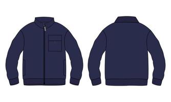 giacca a maniche lunghe tecnica moda schizzo piatto illustrazione vettoriale modello colore navy viste anteriore e posteriore.