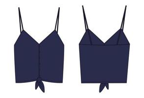 reggiseno da donna top tecnico moda schizzo piatto illustrazione vettoriale modello colore navy viste anteriore e posteriore.