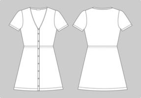 manica corta con scollo a V abito lungo design tecnico moda schizzo piatto modello di illustrazione vettoriale per ragazze e donne.
