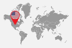 mappa pin con bandiera usa sulla mappa del mondo.illustrazione vettoriale. vettore