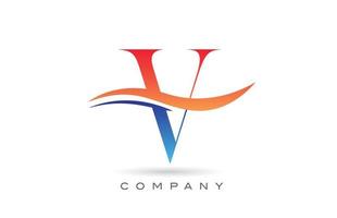 design del logo della lettera dell'alfabeto v arancione blu con swoosh. modello di icona creativa per l'azienda vettore