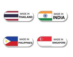 set adesivo realizzato a singapore, filippine, thailandia, india. semplice icona con una bandiera su sfondo bianco vettore