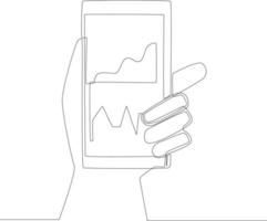 singola linea continua di disegno a mano che tiene la visualizzazione dello schermo del grafico del mercato azionario e il trading su smartphone. illustrazione vettoriale di un disegno grafico a una linea.