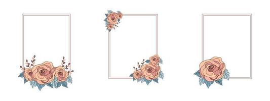 cornice di rose vintage con sfondo bianco per decorare carte, matrimoni, San Valentino, cartoline, inviti, cornici, ecc. vettore