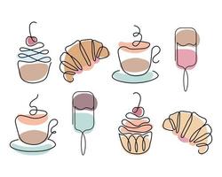 dessert line art, set di croissant, muffin, gelato e caffè, contorno nero con macchie astratte. stampa, elementi decorativi, icone, vettore