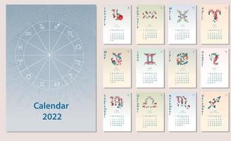 calendario creativo 2022 con segni oroscopo, simboli zodiacali realizzati con illustrazione floreale. può essere utilizzato per il web, stampa, carta, poster, banner, segnalibro. vettore