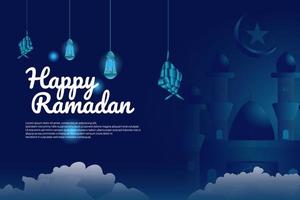 felice sfondo ramadan con colore blu scuro, decorato con luci e diamanti vettore